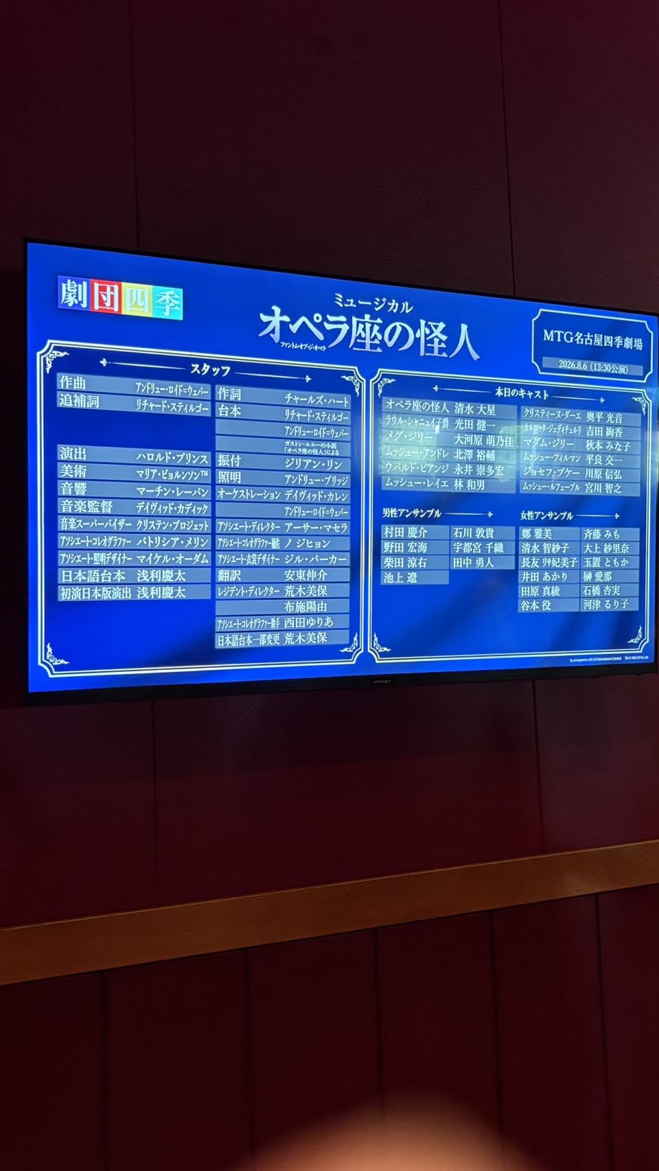 本日のキャストを表示するモニター、2026年8月6日13:30公演